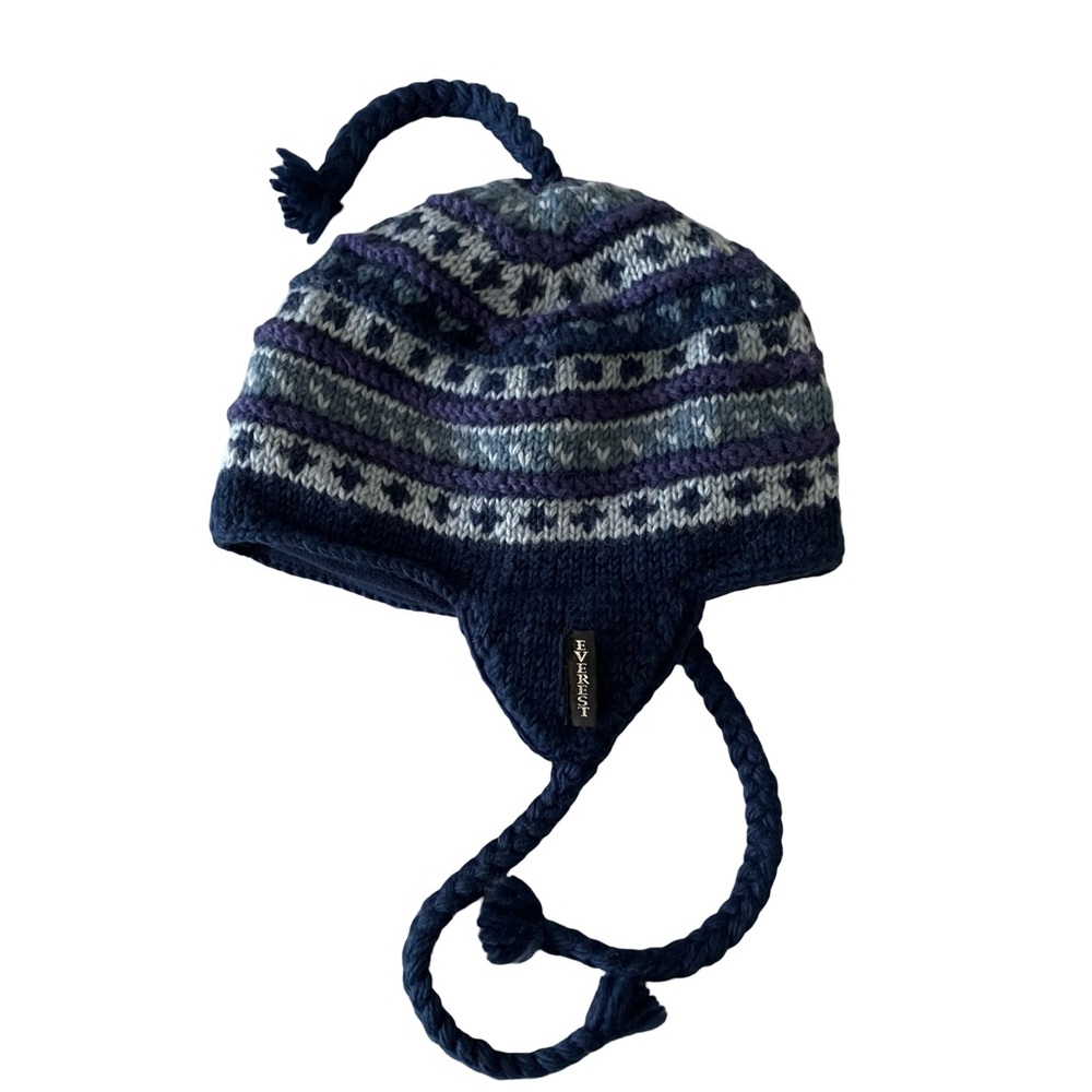 Everest Designs Wool Knot Beanie with Earflaps Lined Blue Nepal Handmade